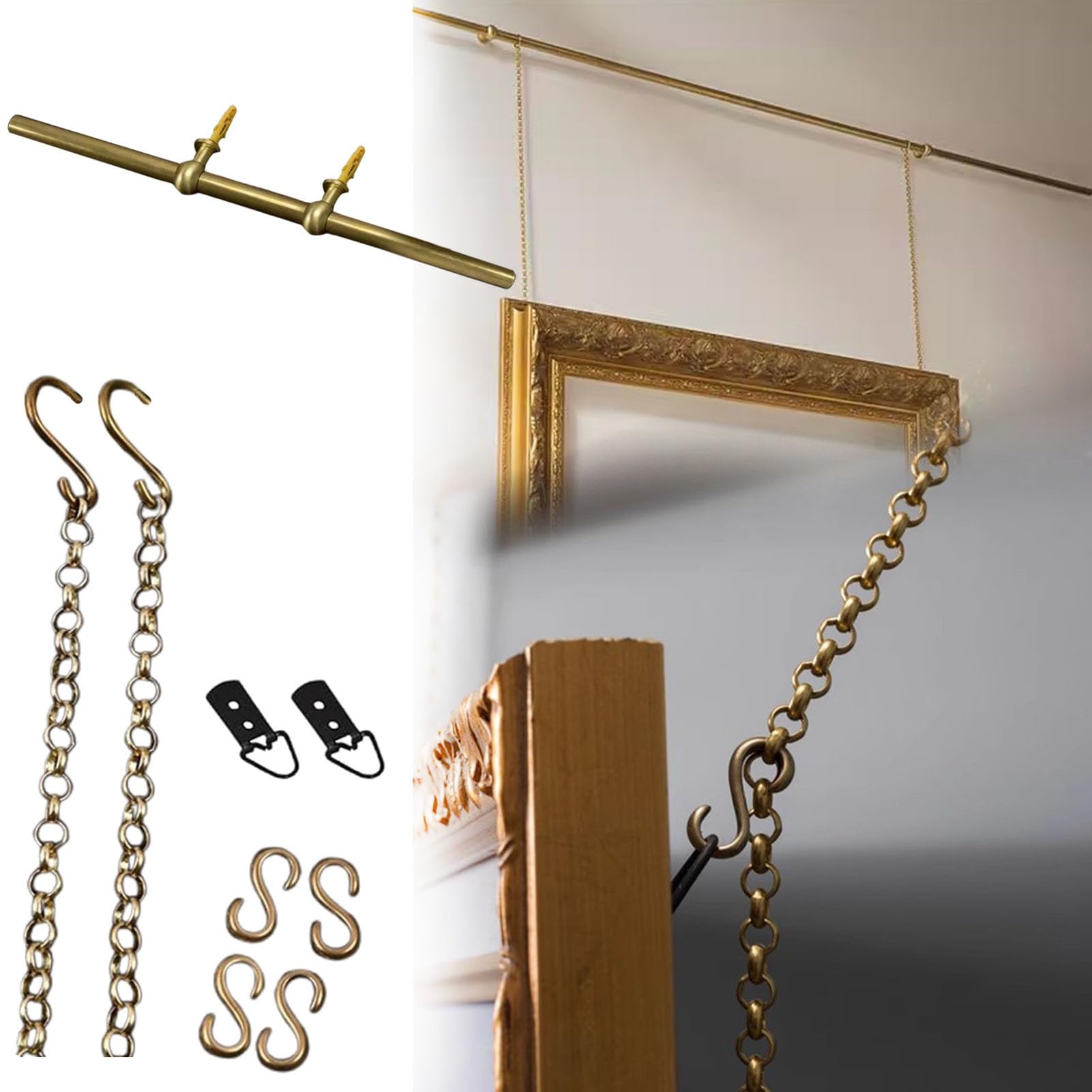 Système d'accrochage de Tableaux avec Tringle métallique française pour Tableaux Lourds, Tige et chaînes en Laiton pour Mur de galerie d'art, kit d'outils élégant pour accrochage de Tableaux
