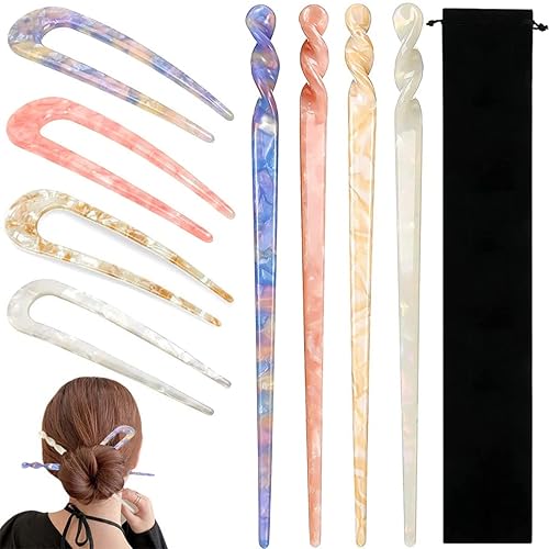 8 pinzas de acetato para el cabello, palillos rectos en forma de U, accesorios de peinado para el cabello, horquilla para el cabello vintage, pinzas