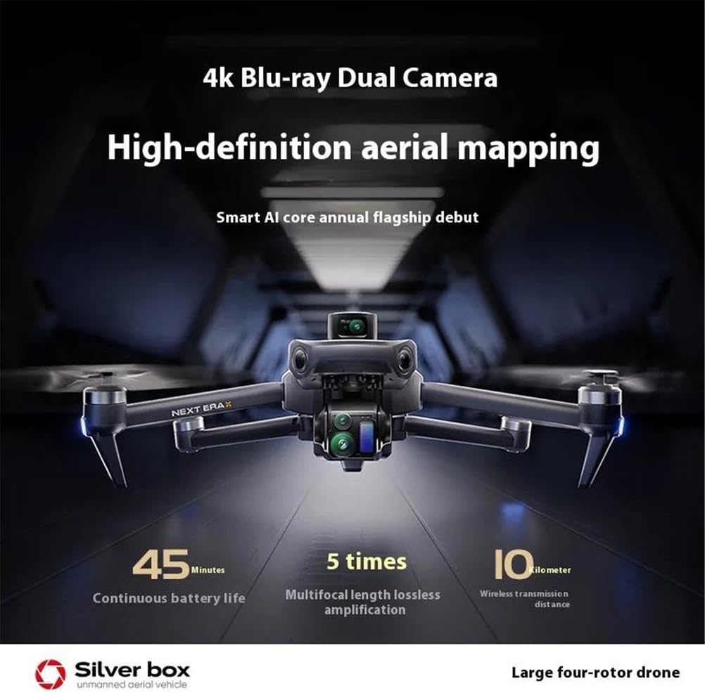 FinOti P7 Max drone highlighting 4K Blu-ray Dual Camera and high-definition aerial mapping capabilities, with details on 45 minutes continuous battery life, 5 times multifocal length lossless amplification, and 10 kilometer wireless transmission distance.