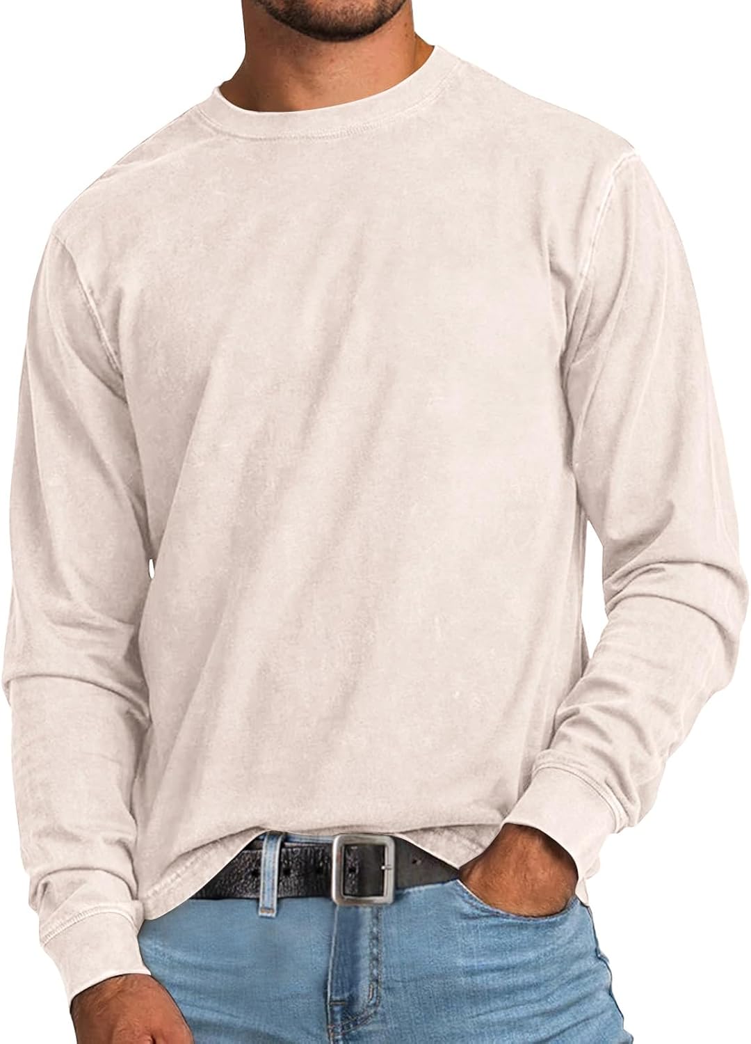 Ymosrh Men's Distressed Crewneck T Shirts Long Sleeve Soft Basic Solid Tees Tops, S-2XL