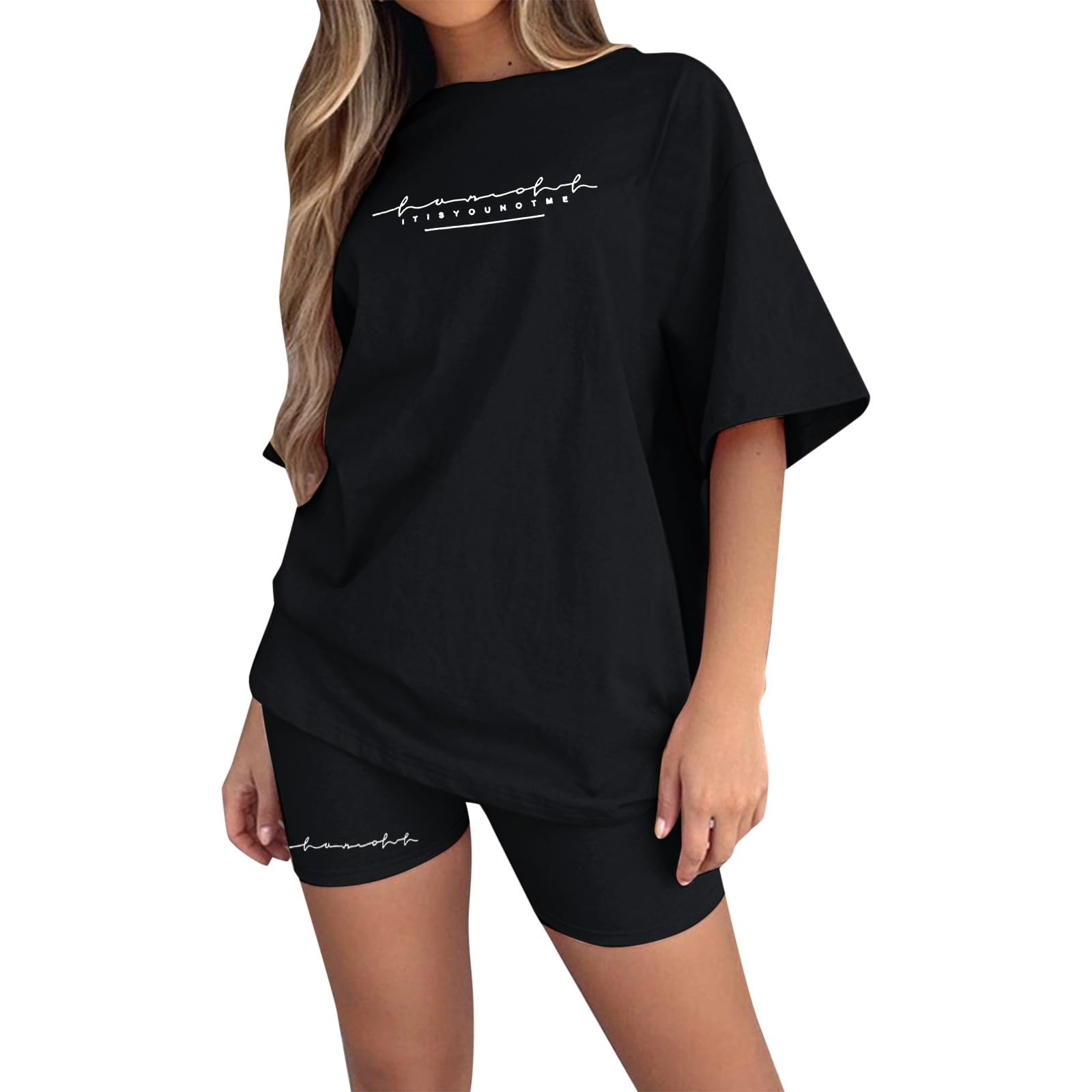 Generisch Oversize Set Damen Sommer T-Shirt und Radlerhose mit Buchstaben-Print Sportanzug Biker Shorts Einfarbig Elastisch Atmungsaktiver Hausanzug Loungewear Jogginganzug für Freizeit