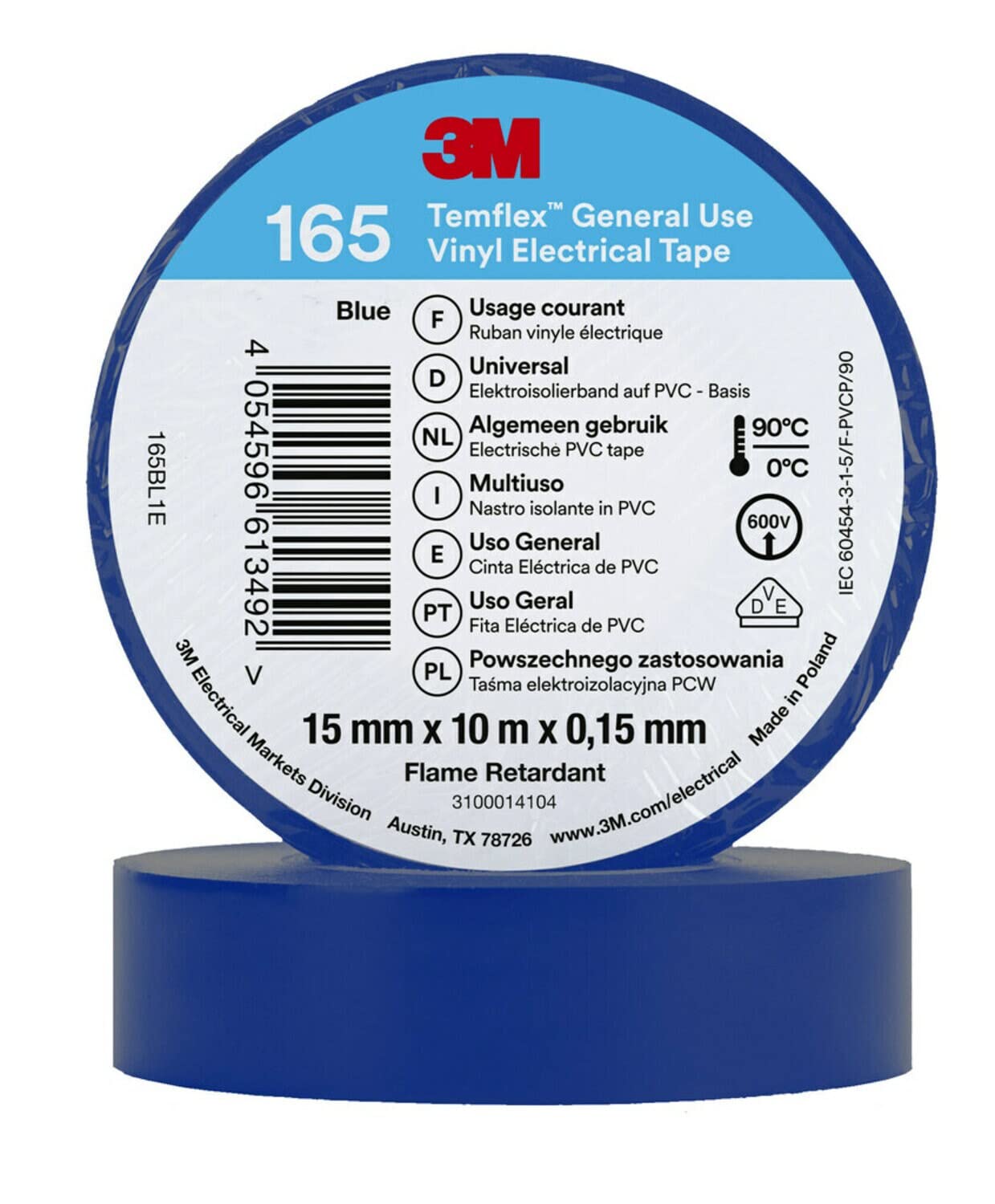 3M Temflex™ Vinyl-Isolierband 165, Blau, 15 mm x 10 m, 100 Rollen