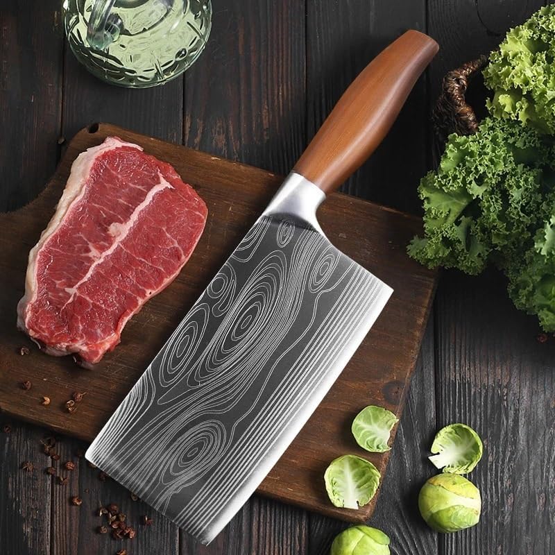 Meat Cleaver,Cleaver Knife 7 Inch Damascus Pattern Chef Knife Stainless Steel Kitchen Knife Japanese Cleaver Knives Meat Fish Slicing Knife Butcher Knife Cooking Tools, LAMAJIGA5844