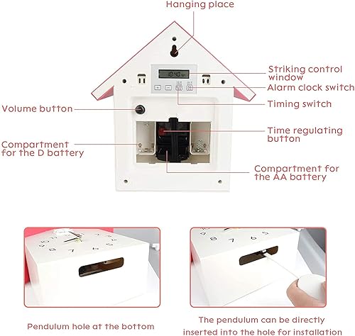Miniatura 6 de SBKDPT Reloj de pared de cuco, estilo nórdico, con péndulo y llamada de cuco o pájaro natural, funciona con pilas, para sala de estar, hogar, niños,