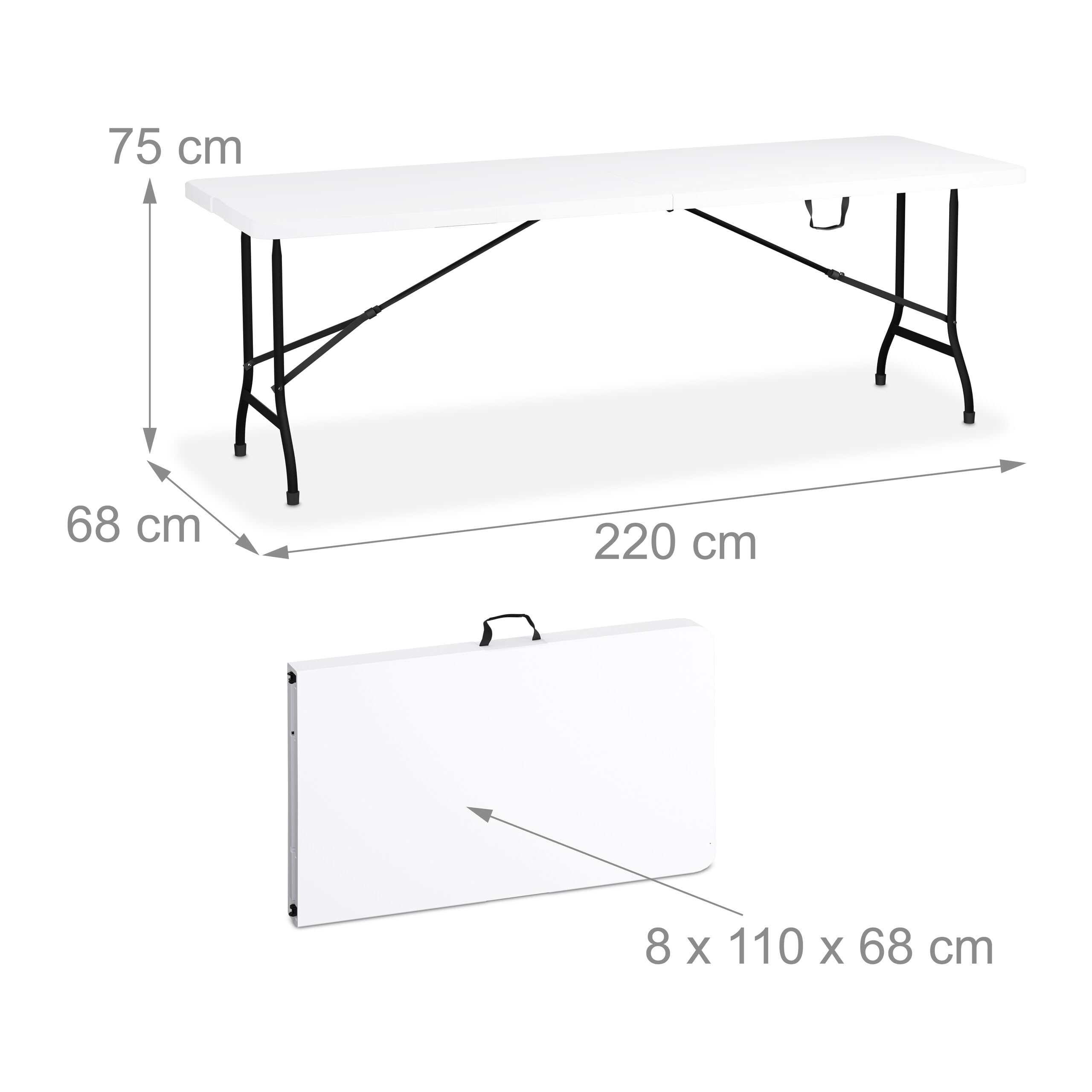Relaxdays Tavolino Pieghevole da Giardino, HLP: 75 x 220 x 68 cm, Tavolo da Campeggio, in Plastica e Acciaio, Bianco