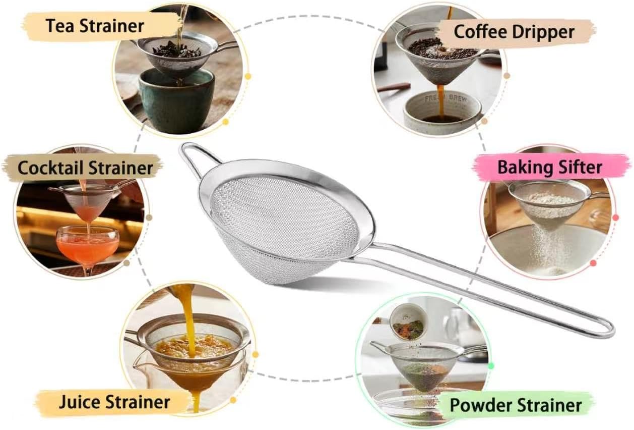 9 Pack Fine Mesh Strainer, OLULU Stainless Steel Cocktail Strainer Set with Handle for Tea, Coffee, Juice – Dishwasher Safe