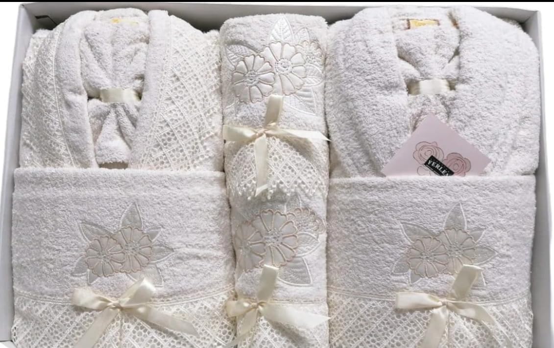 Generico FERLEN Set Bagno 8 Pezzi in Spugna 100% Cotone “Fiore Panna Claudia” – Accappatoi Uomo e Donna, Asciugamani e Manopole, Made in Italy (S/M - M/L)