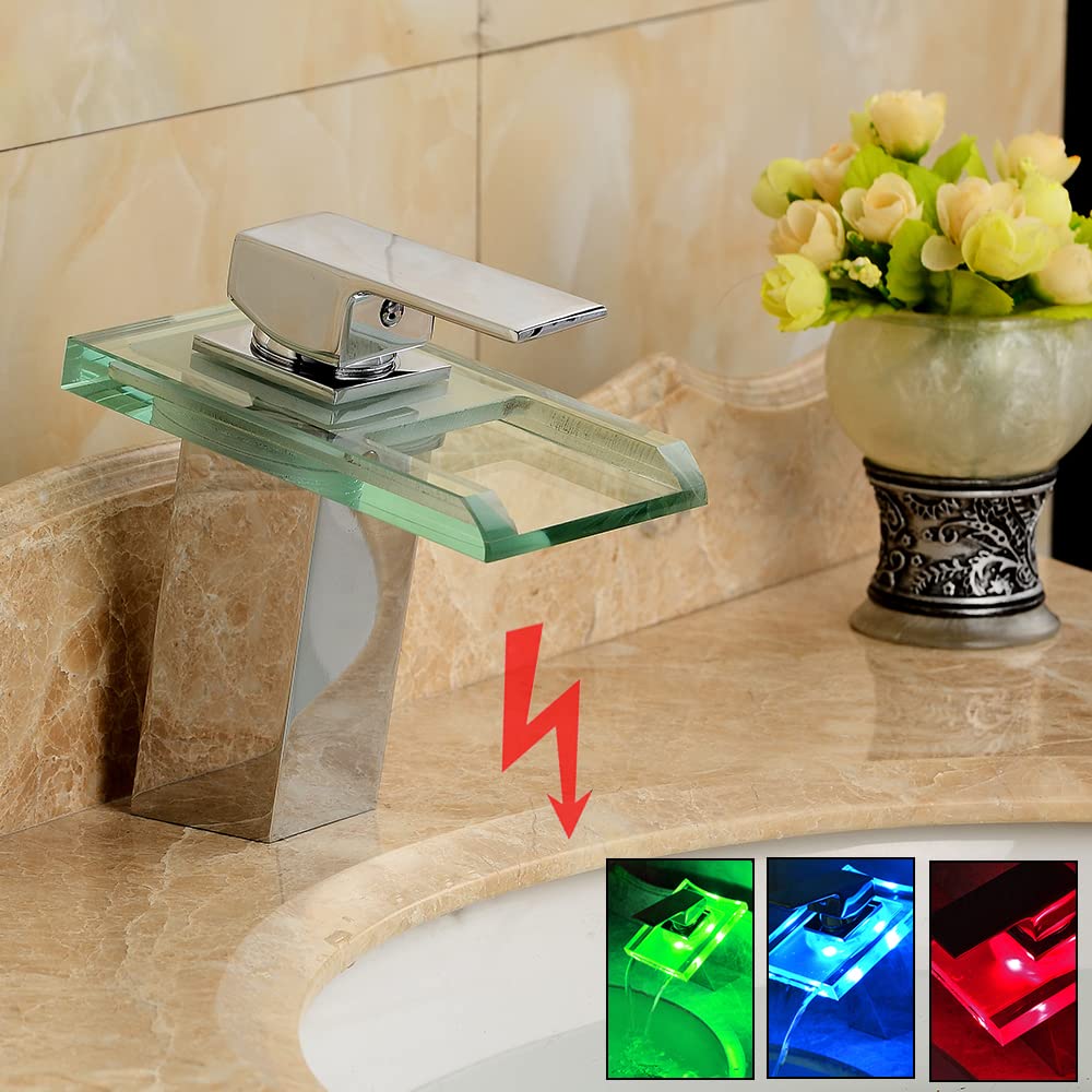 Robinet LED en verre lumineux Cascade Robinet RVB Robinet d'évier Robinet de lavabo Mitigeur de salle de bain en verre éclairé Salle de bain 3 changements de couleur