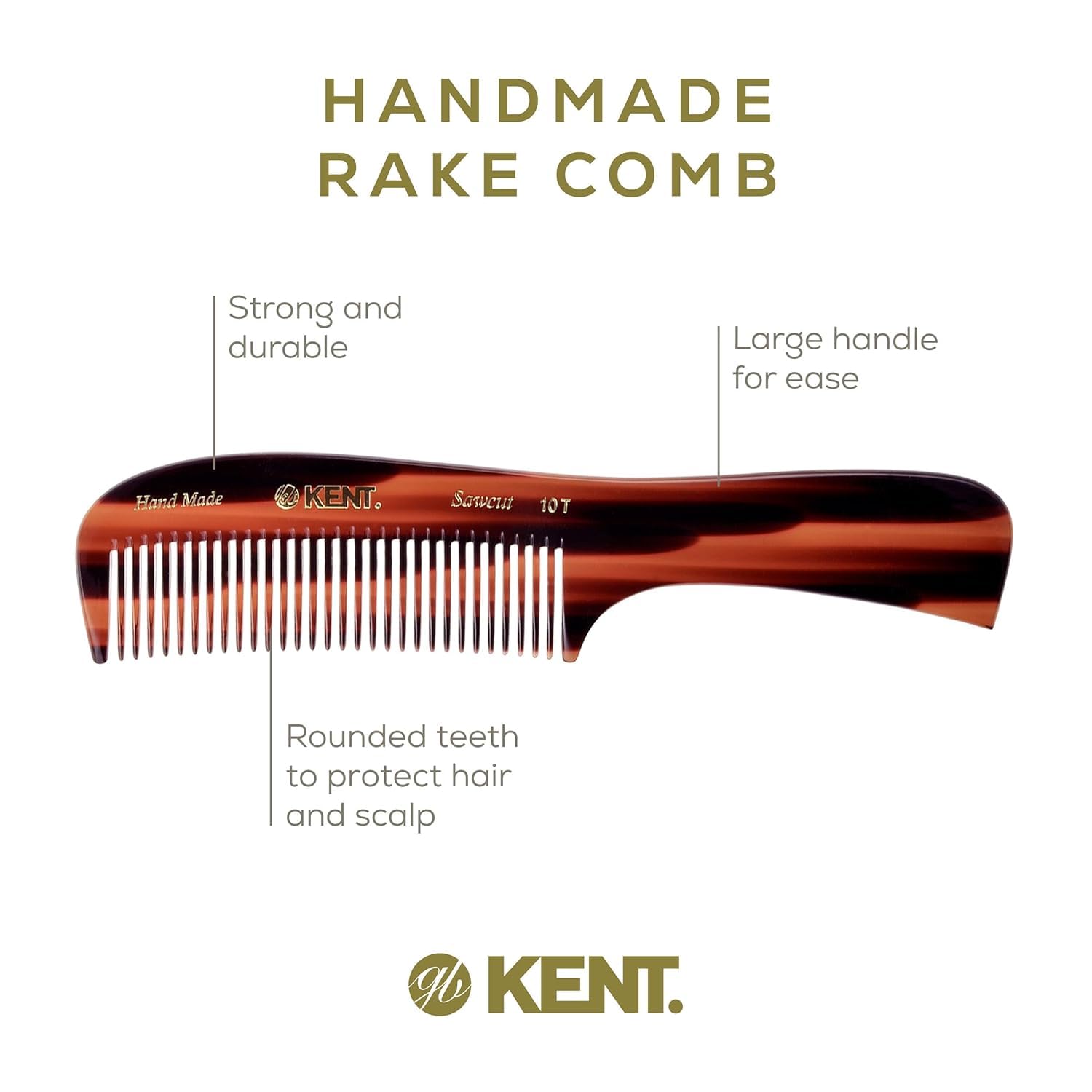 Kent Peigne à dents larges en graphite et écaille de tortue 10T - Peigne démêlant pour cheveux bouclés - Peigne à barbe/peigne démêlant pour homme