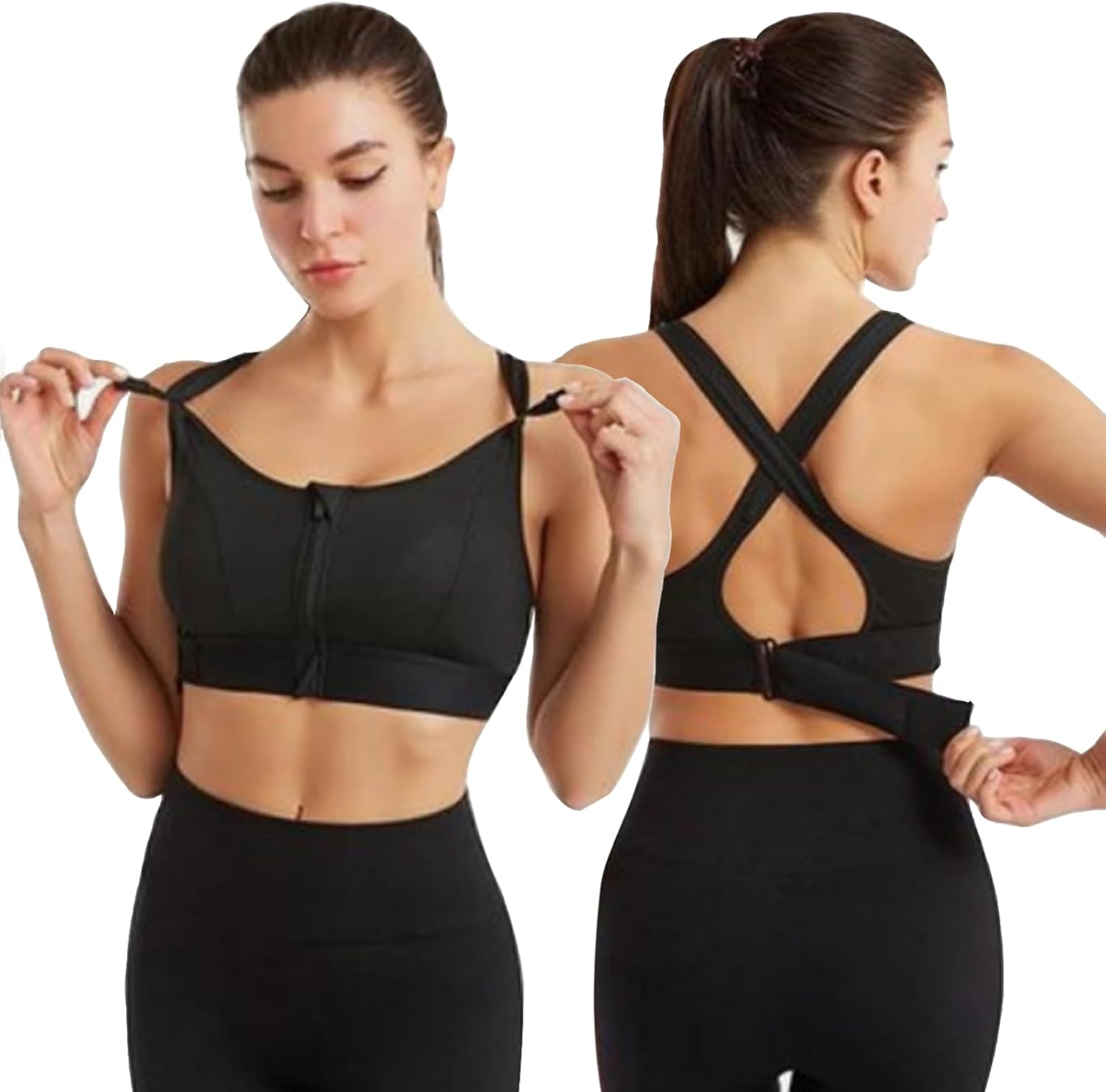 Women Zip Front Sports Bra Racerback Tank Top Wireless Paded Yoga Workout Running Bras