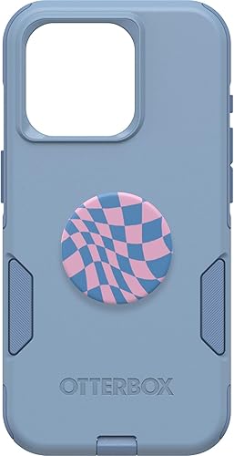 Paquete OtterBox iPhone 15 Pro (solamente) Commuter Series - (CRISP DENIM) + PopSockets PopGrip (WAVY CHECKER), delgada y resistente, apta para