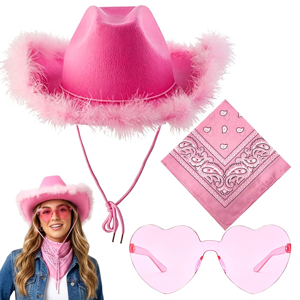 FCXVXCL Cowboy Hat Set, 3PCS Cowboy Costume Accessories for Adults Western Cowboys Fancy Dress Accessory Set with Bandana Glasses Western Hat for Halloween Carnival Birthday Cosplay Partys(Pink) — image 1