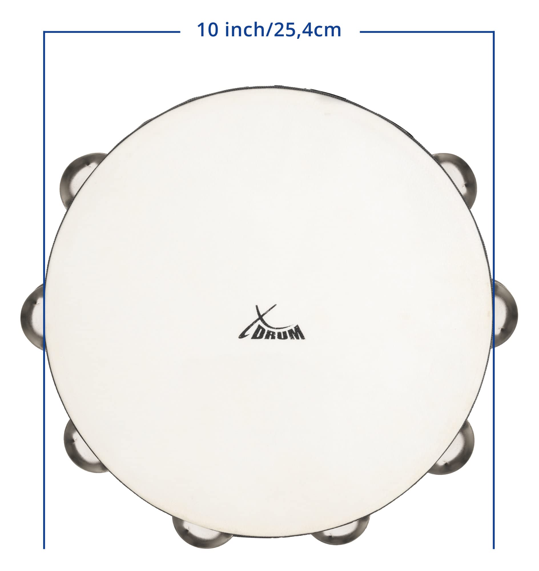 XDrum TMF10-BK Tamburello 10" con Pelle, Diametro: 10" (25, 4 cm) | 4 cm), 16 coppie di jingles in acciaio inox, Doppia fila, Pelle naturale selezionata, Cornice in acero nera, Altezza: 5, 5 cm