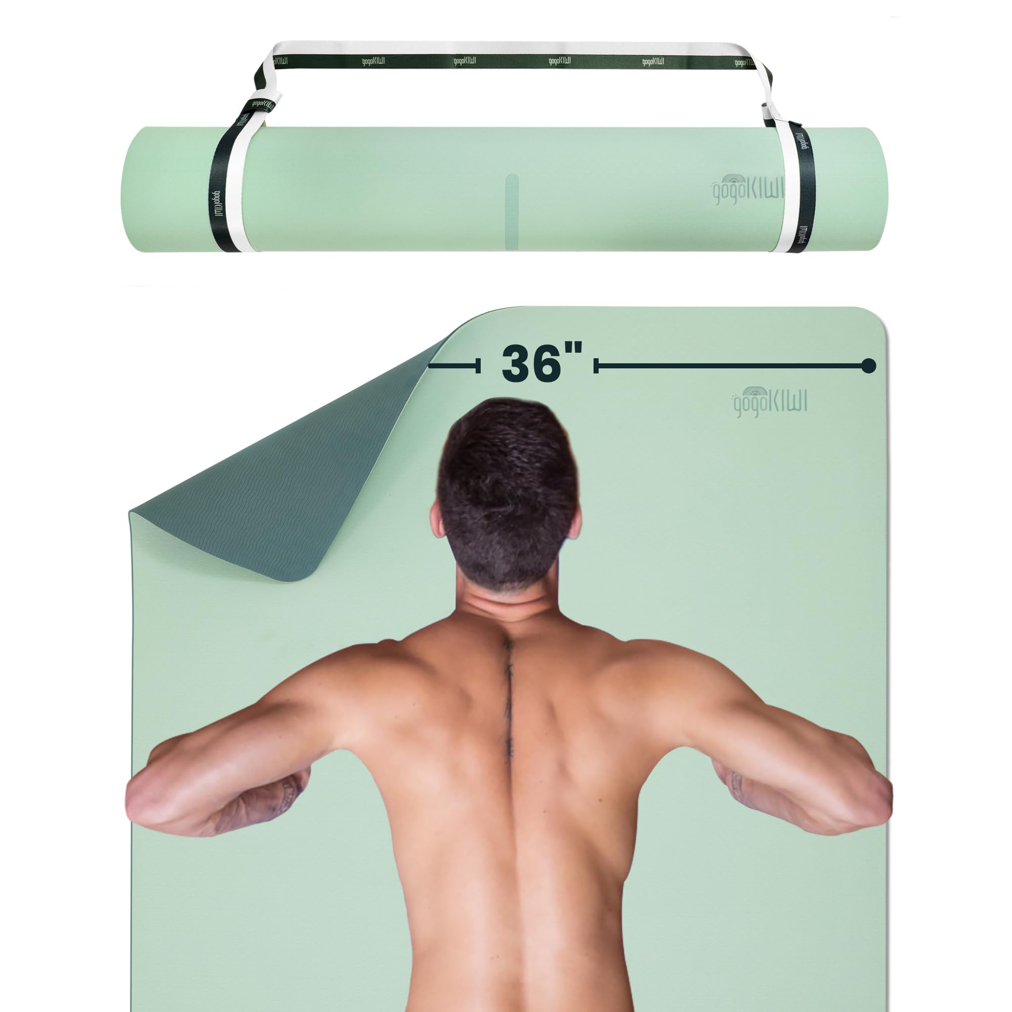Gogokiwi Extra Wide Yoga Mat for Men Women (72"L x 36"W x 1/4" Thick) Non Slip Fitness & Exercise Mat with Alignment Marks for Yoga, Pilates, Floor Workouts (Matcha Green)