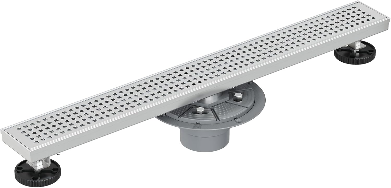 Neodrain 24-Inch Brushed Linear Shower Drain,Stainless Steel Linear Drain with Quadrato Pattern Grate,Brushed Rectangle Shower Floor Drain with Hair Strainer, Shower Drain Base