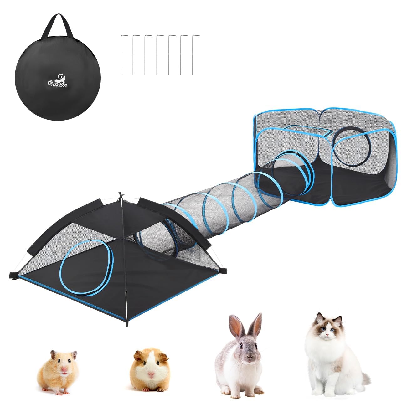 Pawaboo Tenda per Gatti con Tunnel, 3 in 1 Recinto per Gattis da Esterno con Tunnels, Recinzione per Animali Pieghevole e Portatile Box per Gatti, Include 1 Box+1 Tenda+1 Tunnel, Azzurro + Nero