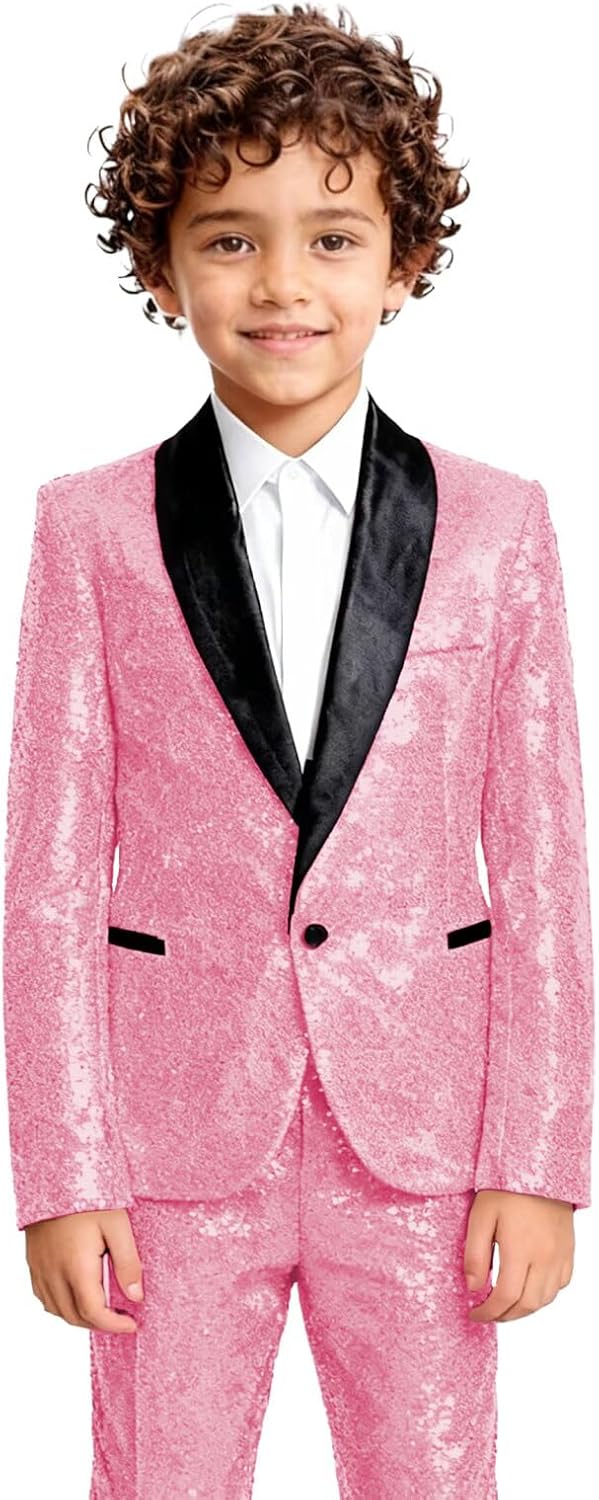 Boys Suit Tuxedo Sparkling Sequin Slim Fit Formal Suits for Boy 2 Piece Sequin Dress Clothes Prom Party Dance