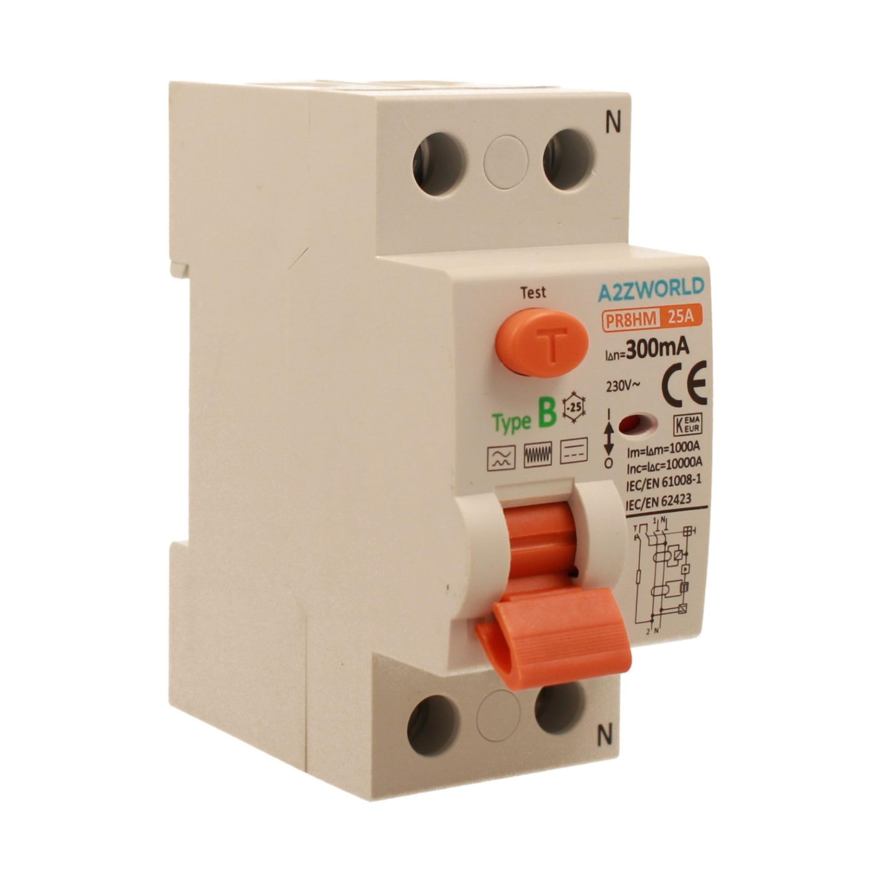 Reiner Fehlerstromschutzschalter Typ B 300 mA, Schutzschalter Typ B 25 A, RCCB 1P+N 10 kA 220 V, 2 DIN-Module, Serie PR8HM, elektromagnetisch, IEC61008-1 zertifiziert