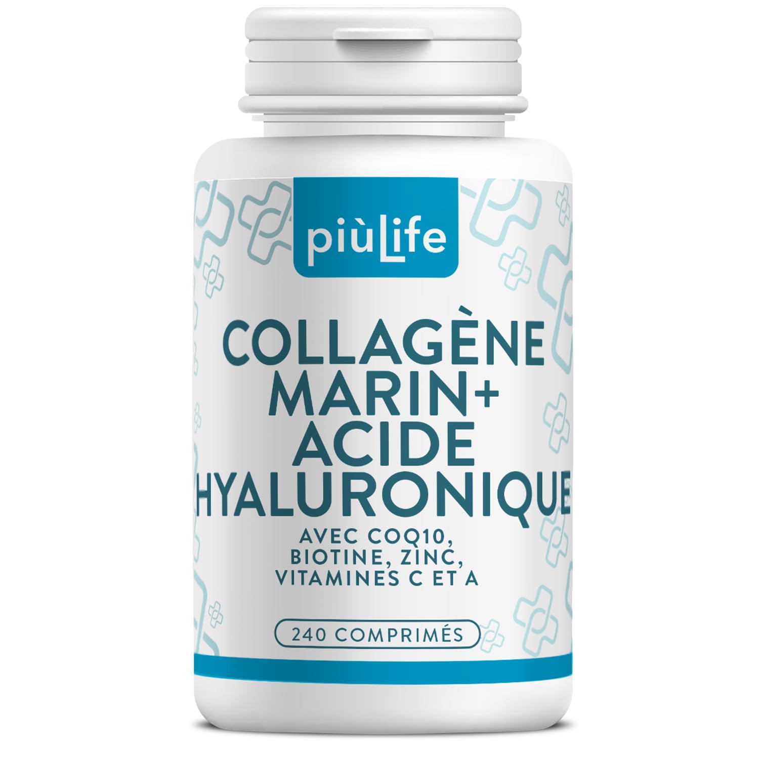 Collagène Marin Acide Hyaluronique PiùLife – 2000 mg Collagène Hydrolysé Type 1, Vitamine C, Biotine, Zinc, Q10 – 240 Comprimés – Peau, Cheveux, Articulations