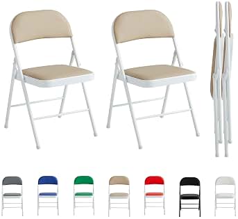 McC Direct Juego de 2 sillas plegables de piel sintética, marco de metal y asiento acolchado, fácil de plegar y almacenar para hogar, oficina, comedor y recepción (beige)