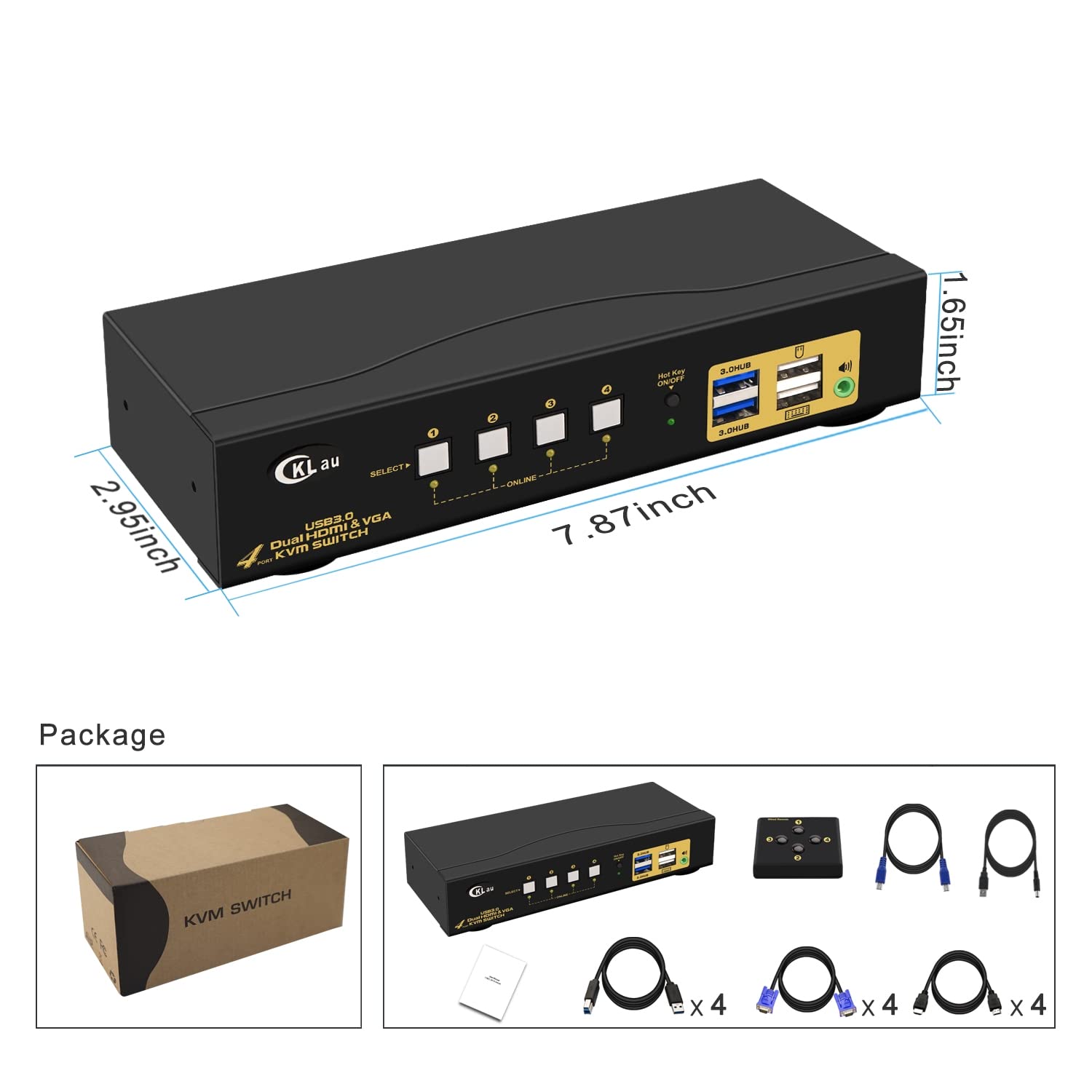 CKLau 4x2 USB 3.0 VGA + HDMI KVM Switch 2 Monitors 4K@60Hz with Cables and Audio, PCs Monitor Keyboard Video Mouse Peripherals Sharing Box