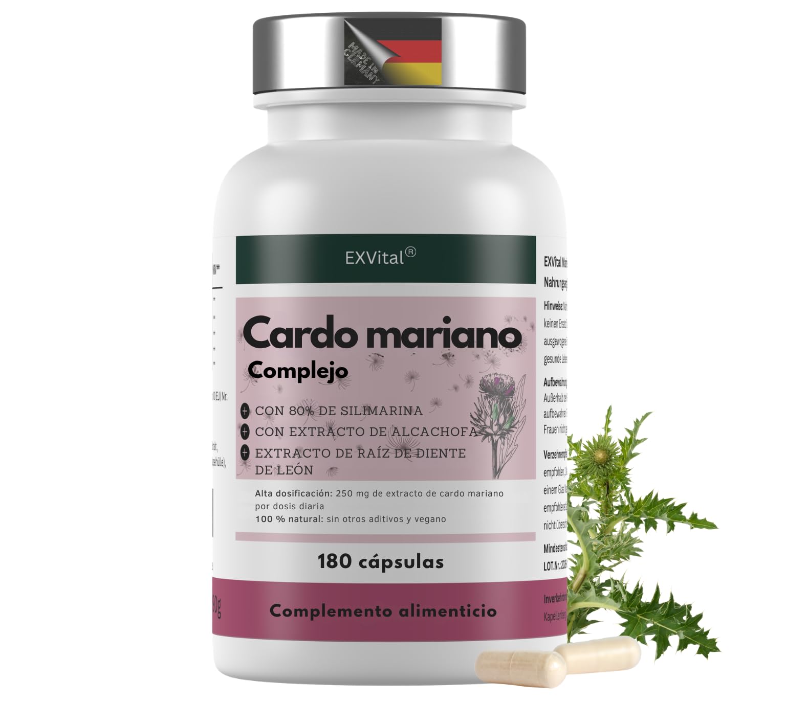 Complejo de cardo mariano con alcachofa y diente de león, 180 cápsulas, Alta concentración con un 80% de silimarina, 250 mg de extracto de cardo mariano por cápsula, apto para veganos y sin aditivos