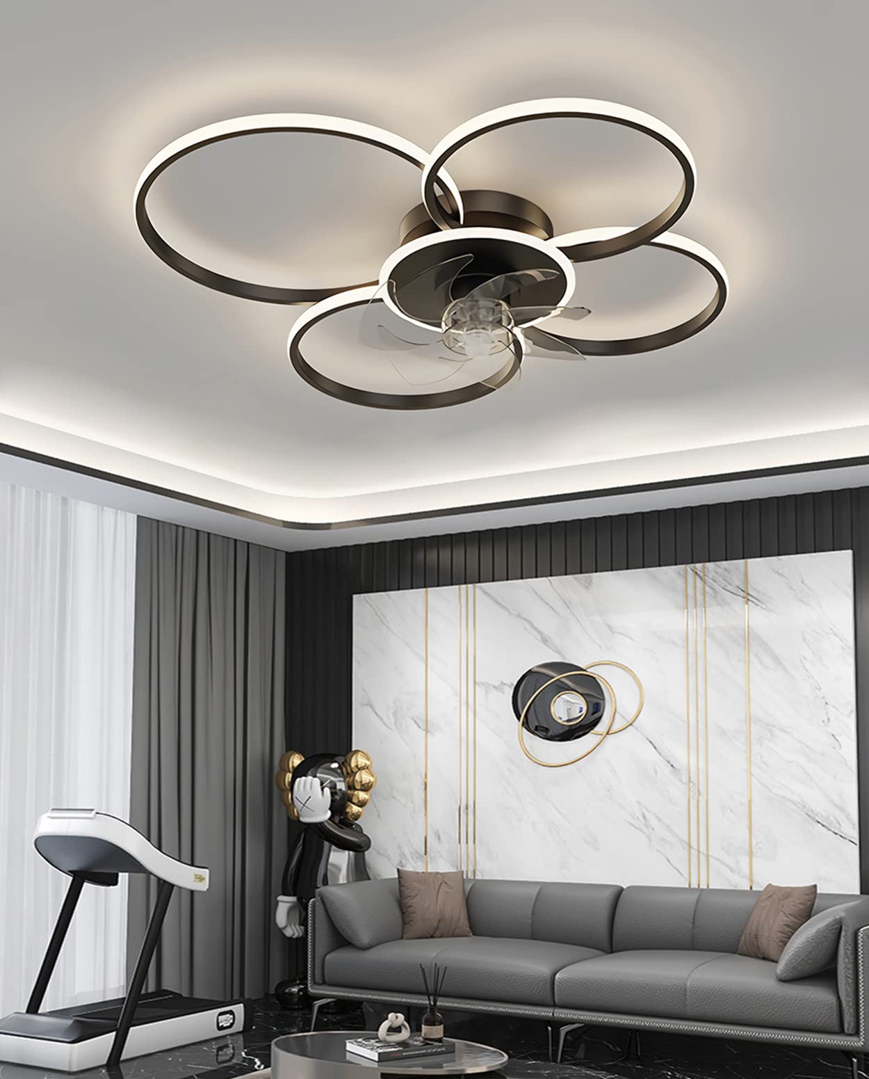 WJYCYN Modern Quiet Ceiling Fan with Lighting LED Living Room Ceiling Light Dimmable with Fan and Remote Control Ultra Thin Ring Fan Lamp for Bedroom Kitchen Children's Room Lights (Black, 4 Rings)
