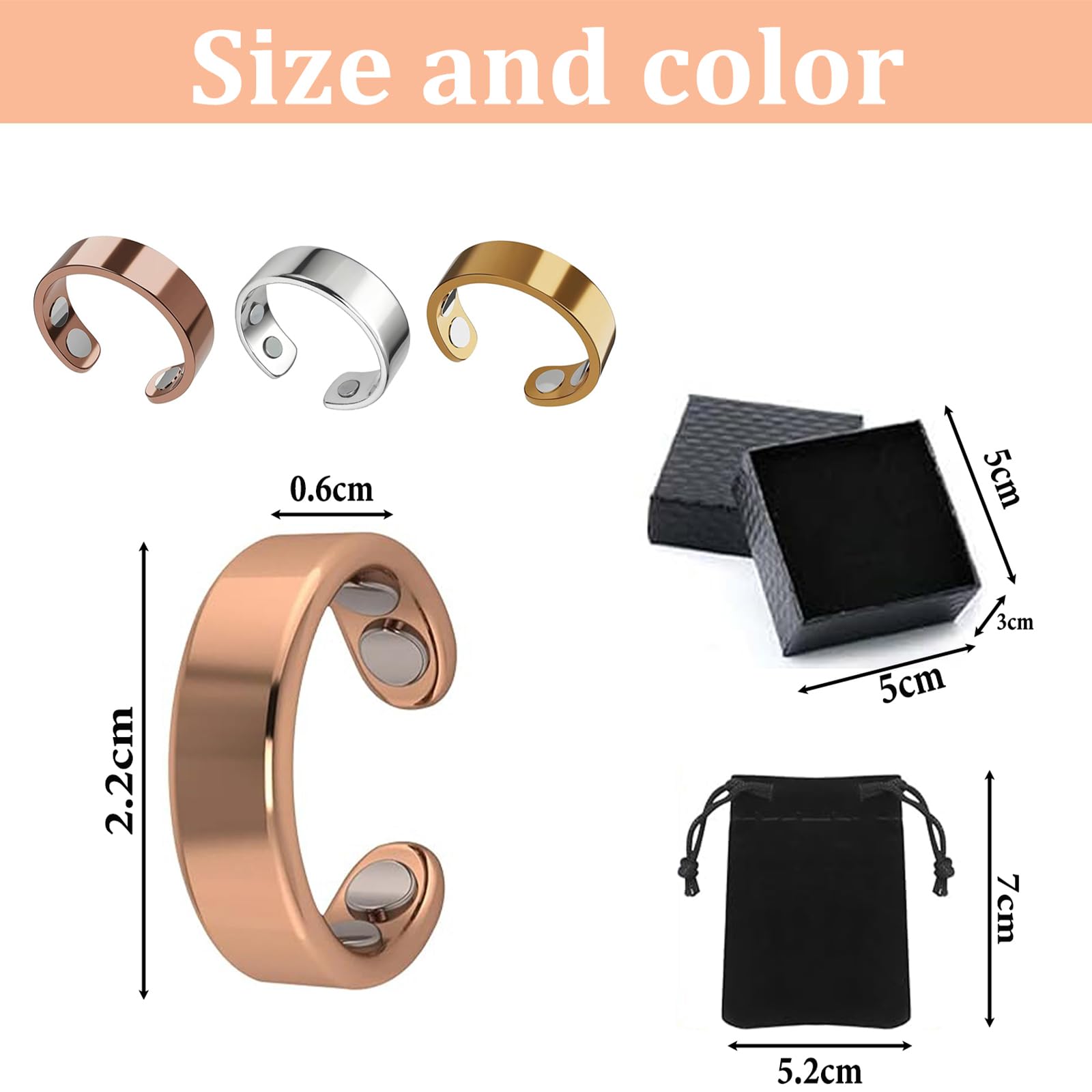 STOAT Magnetfeldtherapie Ring Bague de Magnétothérapie, Design Ouvert Ajustable, Hypoallergénique, Améliore Le Sommeil et Réduit Anxiété pour la Vitalité (Doré)