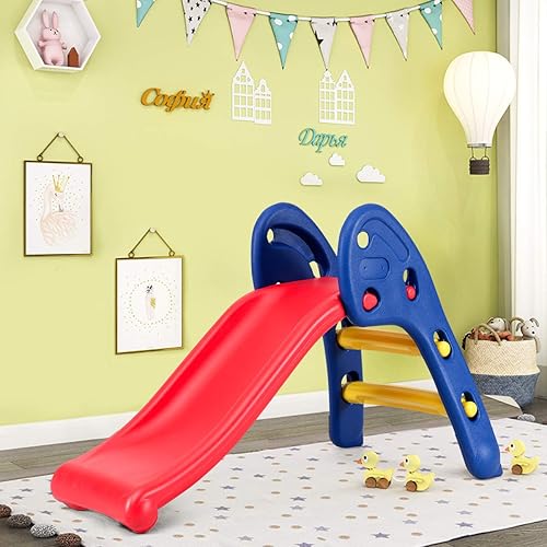 Miniatura 3 de HOMGX Tobogán 3 en 1 para niños pequeños, tobogán plegable con aro de baloncesto y escalera, juego de escalador deslizante para patio de juegos en