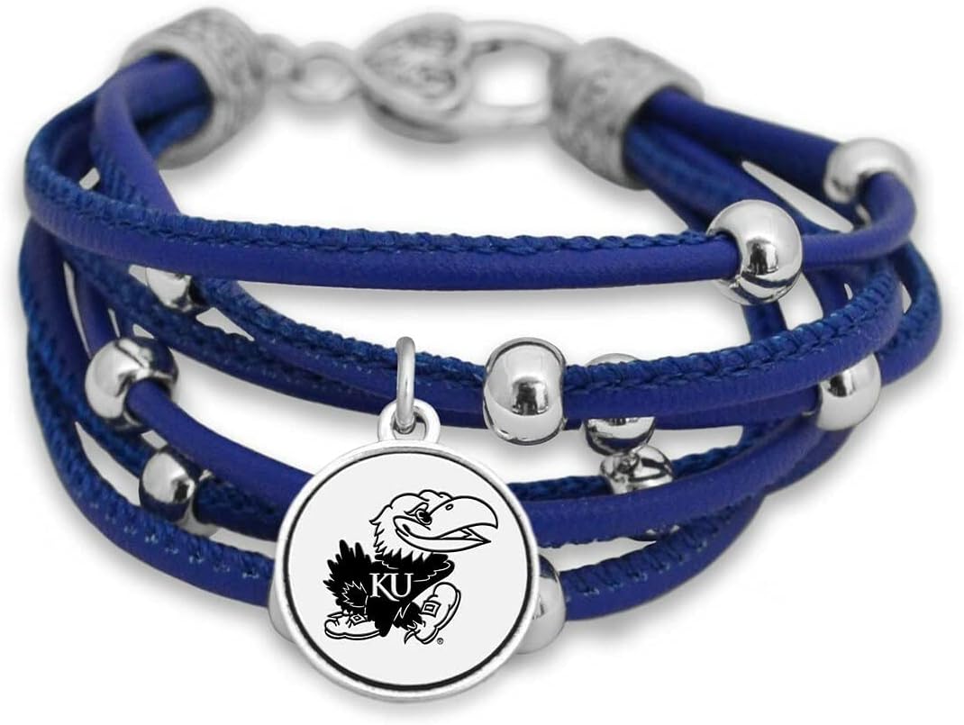 FTH Women’s Bracelet, Leather Cord Bracelet with Silver Beads and Team Logo Charm, Officially Licensed NCAA Women’s Jewelry, 7.5 Inch