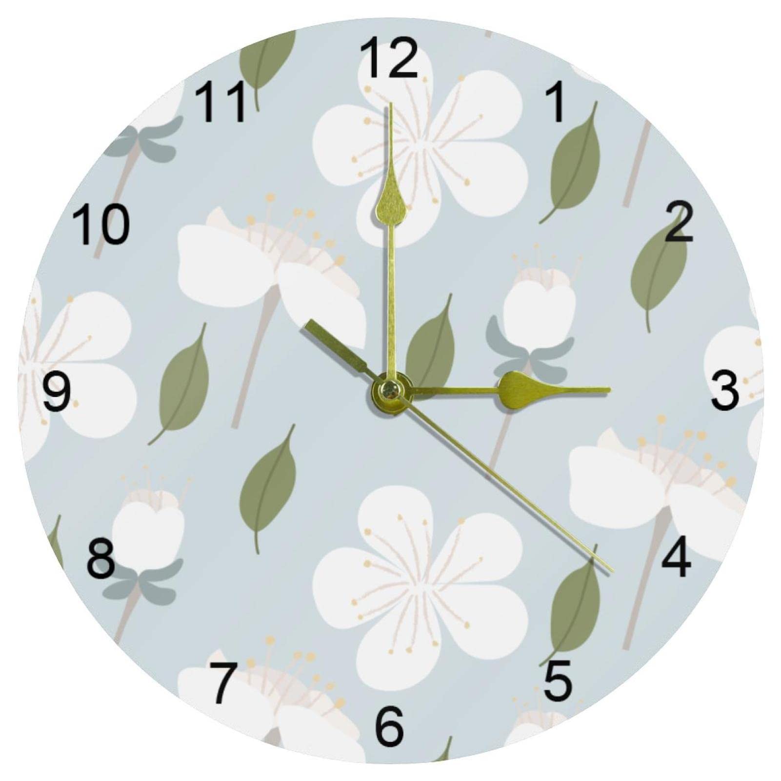 Horloge murale silencieuse quartz 25 cm bleu motif cerisier pour salon et cuisine