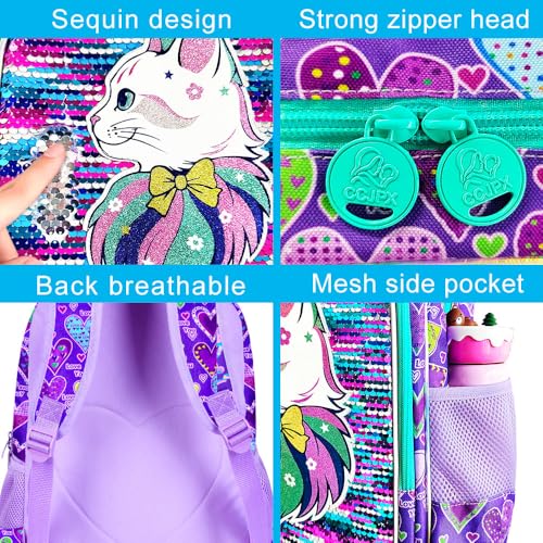 Image of CCJPX 16 inch Cat Backpack for Girls, 3Pcs Kids Sequin Bookbag with Lunch Box, Water Resistant Elementary School Bag for Kindergarten Preschool Toddler (Purple)