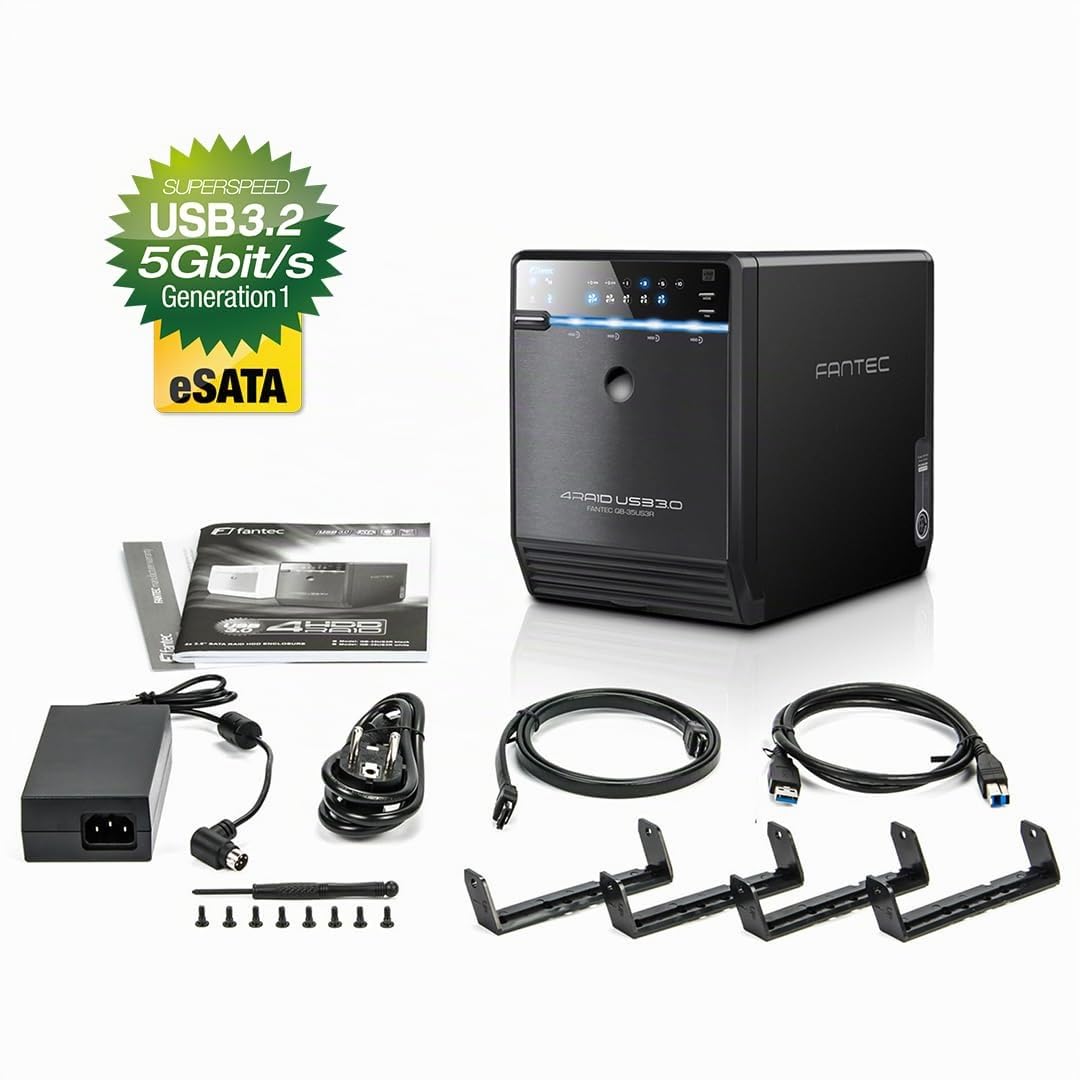 FANTEC QB-35US3R Boîtier pour quatre disques durs externes en RAID (montage de 4 disques durs SATA de 3,5" (8,89 cm), port USB 3.0 et eSATA, fonction RAID, ventilateur de 80 mm asservi à la température), noir