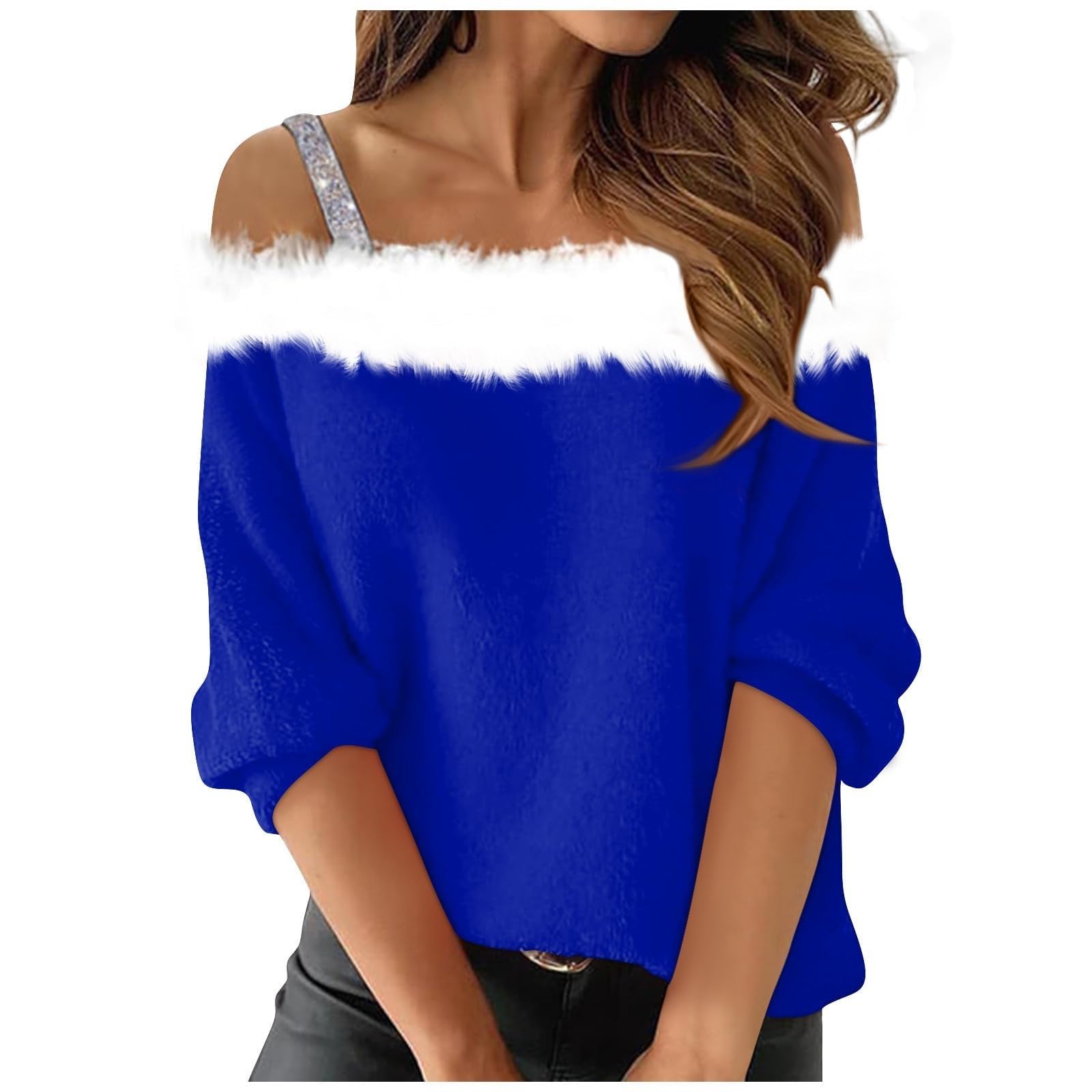 Merry Sweatshirts for Women Long Sleeve Furry Fur Trim Collar Ugly Christmas Off the Shoulder Shirts Xmas Sweater
