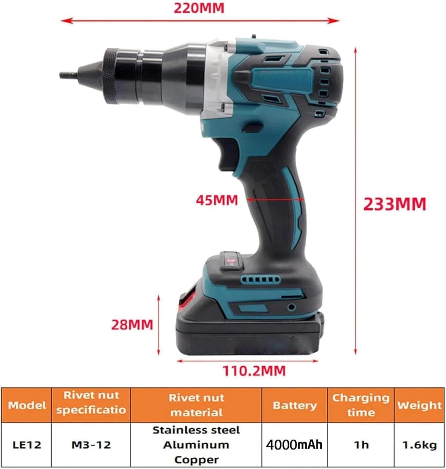 Electric Rivet Gun,Cordless Rivet Gun Electric Rivet Tool Kit,ABS Cordless Brushless Rivet Hand Tool Simple Operation,for Rivets, Rivet Nuts(5200mah)