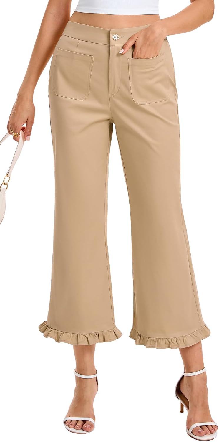 SCOFEEL Womens Ruffle Hem Flare Capris Pants High Waisted Wide Leg Cropped Pants Elastic Waist Trousers with Pockets