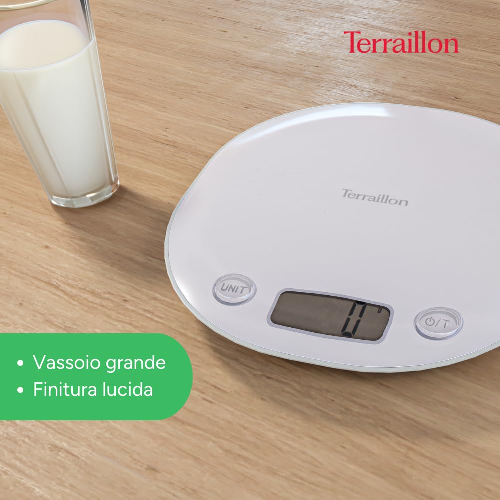TERRAILLON - Bilancia da cucina - Tara, Conversioni di liquidi - Maniglia integrata, Capacità 5 kg - Modello Macaron Meringa
