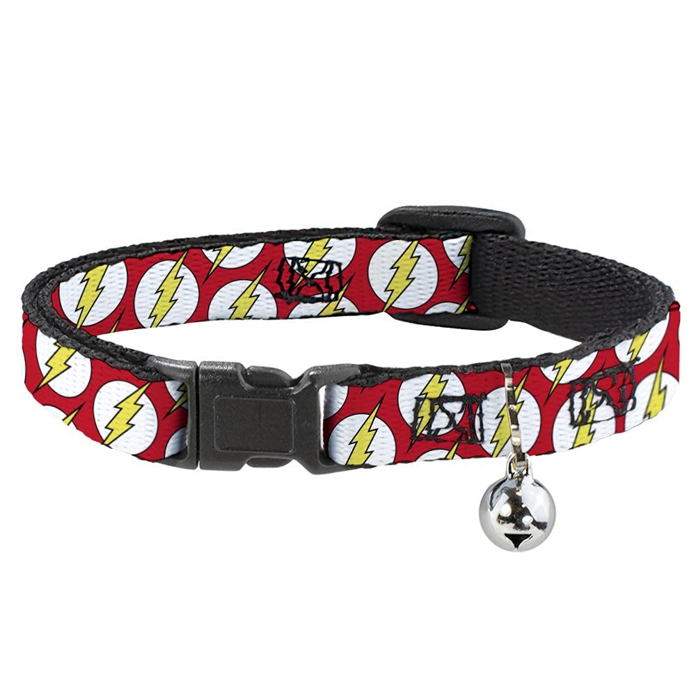 Buckle-Down Cat Collar Breakaway Flash Logo Scattered Red White Yellow 8 to 12 Inches 0.5 Inch Wide
