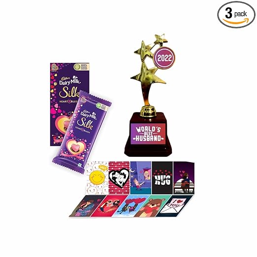 TheYaYaCafe Valentine Day Gifts For Husband Dairy Milk Silk Heart Blush Chocolate(250g), Love Post Greeting Card, Trophy Hamper Set of 3