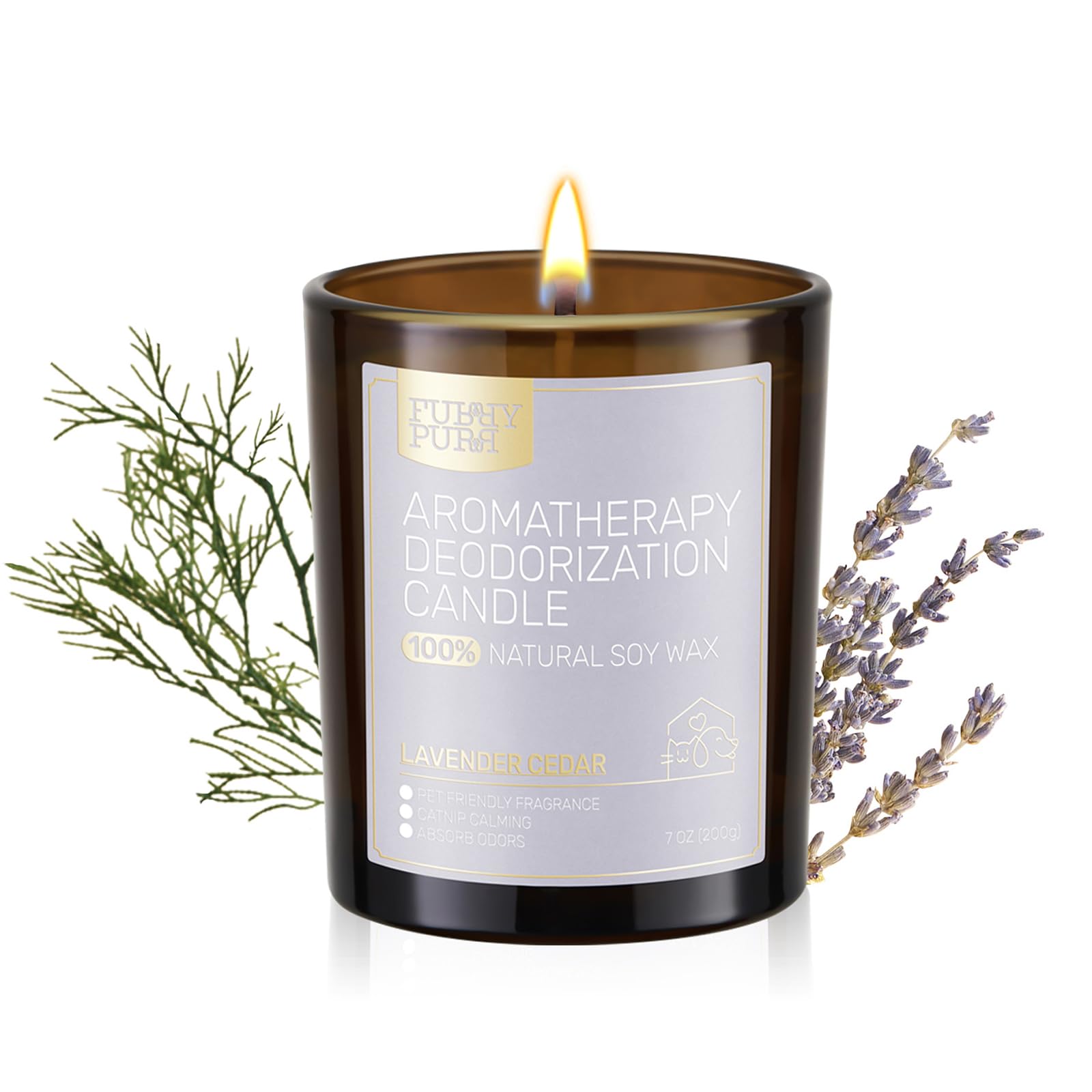 FURRYPURR Odor Eliminator Candle, Lavender Cedar Scented Candle, Pet-Friendly Soy Candles, 60 Hours, 7 oz