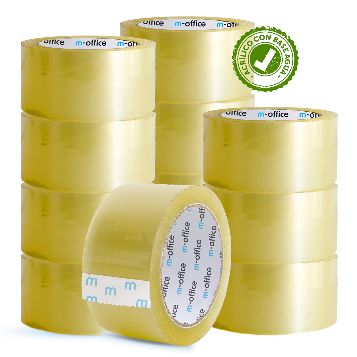 m-office Cinta Adhesiva Transparente, Cinta de Embalar Adhesiva para Embalaje de Cajas, Envíos, Mudanzas y Manualidades, Precinto Transparente Seguro y Resistente (36mmx66m, x12)