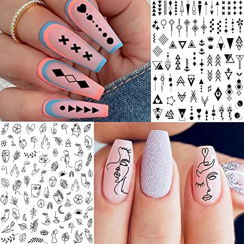 6 Sheets Self-Adhesive Snake Heart Moon Star Nail Art Sticker Decals, Abstract Lady Face Nail Stickers for Women DIY Manicure Decorations, Geometric Triangle Arrow Nail Decals Accessories Tip - Image 6