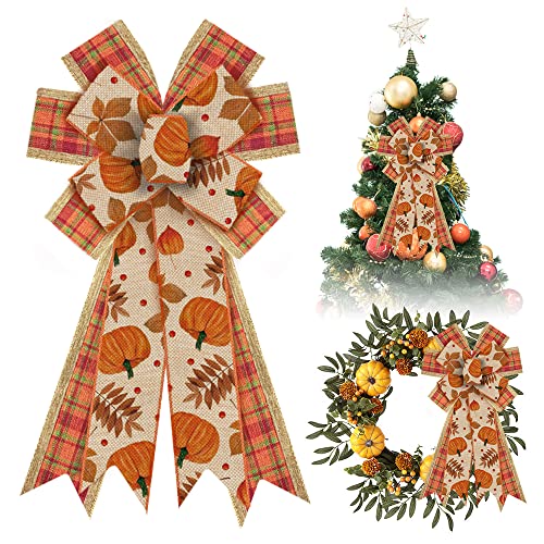 Estivaux Large Fall Pumpkin Wreath Bows for Front Door, Thanksgiving Natural Burlap Orange Buffalo Plaid Autumn Pumpkin Leaves Tree Topper Bows for Wreath Fall Thanksgiving Day Decorations