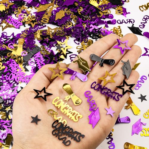 Image of Purple Gold and Black Graduation Confetti 2026, 1000 Pcs Congrats Grad Confetti Class of 2026 Party Table Centerpiece for 2026 Graduation Party Decorations