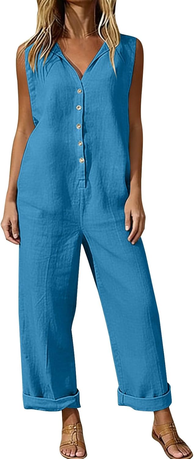 Linen Rompers for Women Casual Short Sleeve Button Down Overalls Wide Leg Loose Jumpsuit with Pockets - Image 7