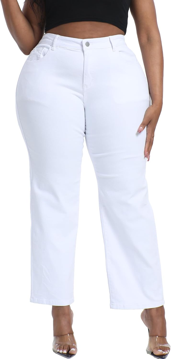 Gocolloa Plus Size Jeans for Curvy Women Straight Leg Stretchy High Waisted Casual Loose Denim Pants with Pockets