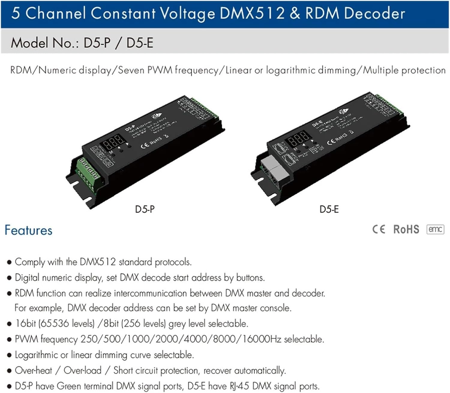 1PCS 5CH 512 & RDM decoder DC12V 24V 48V 20.5A RGBCW LED Controller Digital Display Constant Voltage RGB+CCT Light Strip(D5-E)