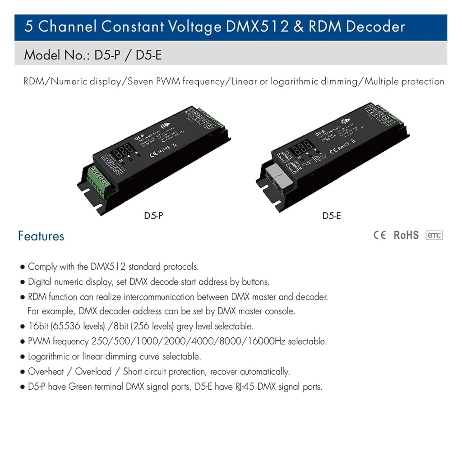 1PCS 5CH 512 & RDM decoder DC12V 24V 48V 20.5A RGBCW LED Controller Digital Display Constant Voltage RGB+CCT Light Strip(T15 W Remote)