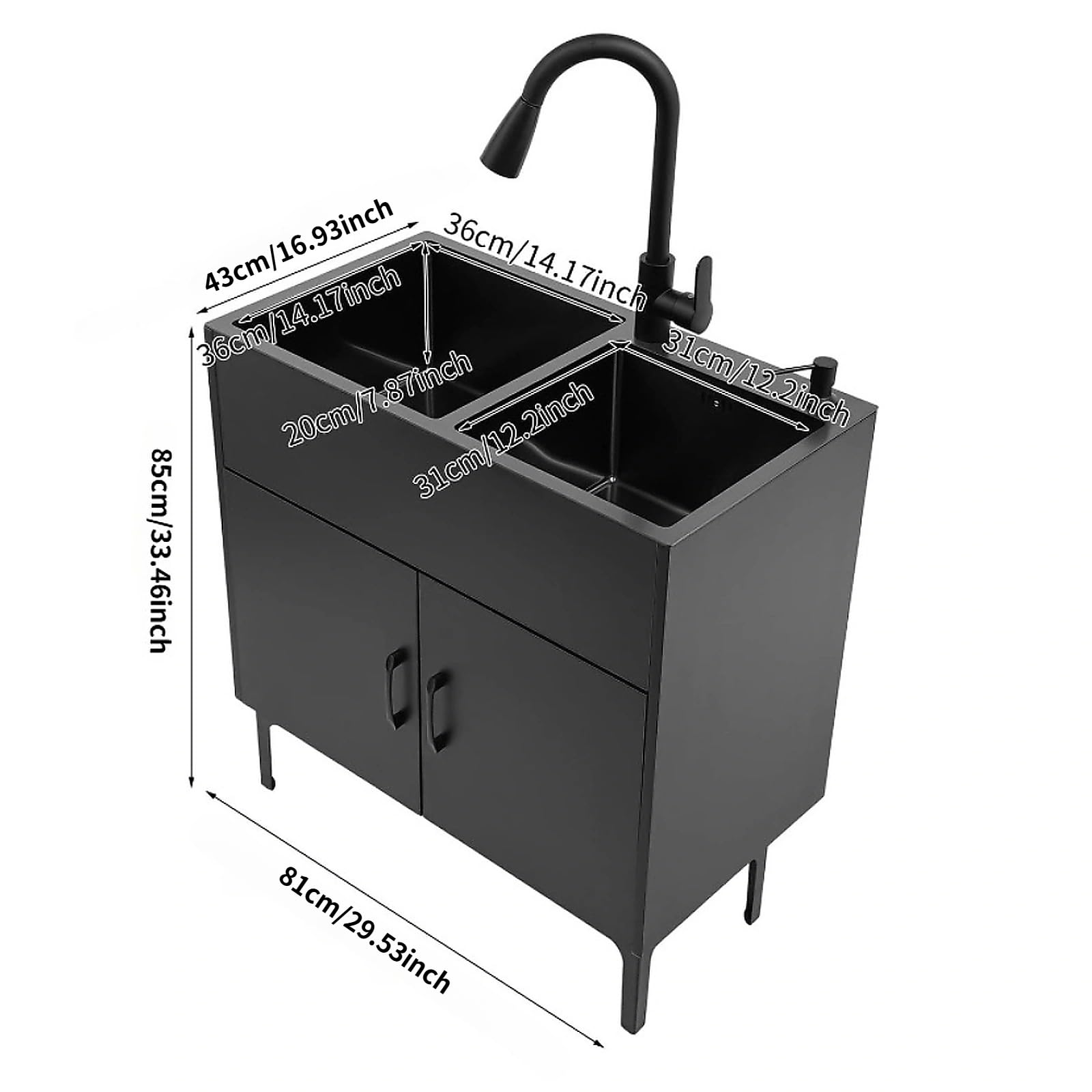 Freistehende KüChenspüLe mit Unterschrank Und Ausziehbarem Wasserhahn Edelstahl SpüLtisch mit 2 Becken AbtropffläChe Seifenspender und Abflusseinheit für KüChe Garten Werkstatt WaschküChe Camping