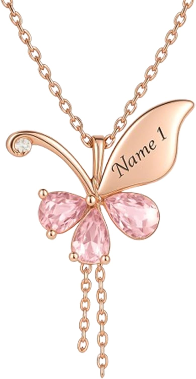 Sunique Custom Birthstone Moissanite Necklace for Women - Sterling Silver Engraved Name Pendant Butterfly Necklace Jewelry for Birthday Gifts for Wife Mom - Image 1 of 6